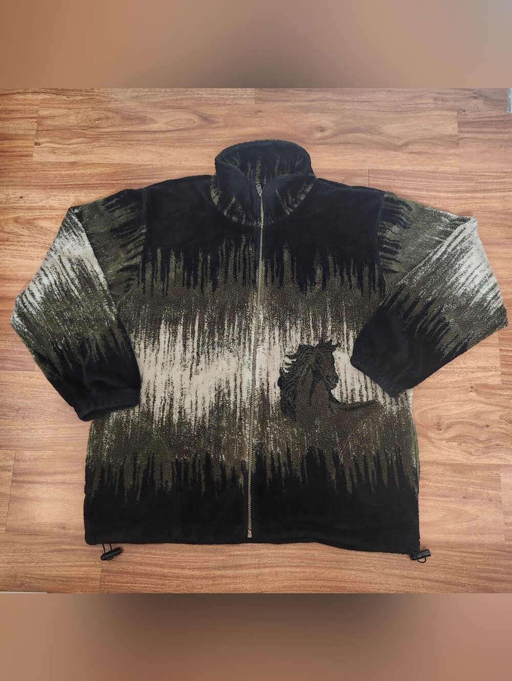 vintage 90s fleece jacket features an all-over abstract print Horses
